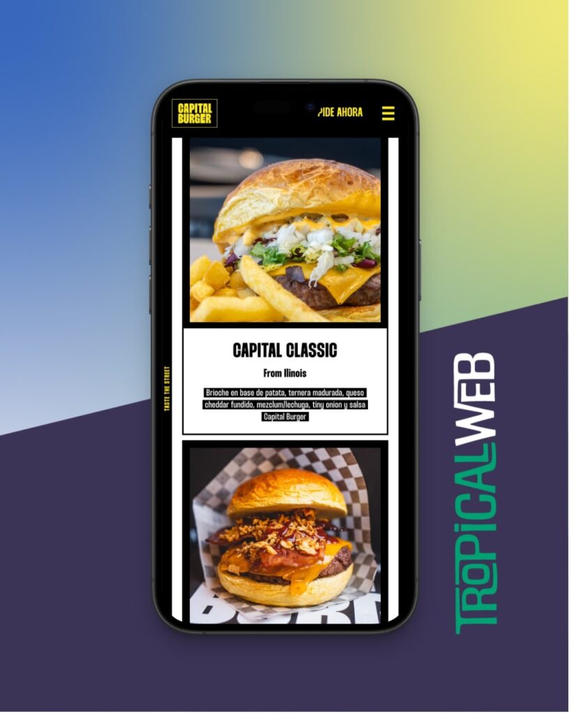 Mockup en formato móvil del sitio web de Capital Burger