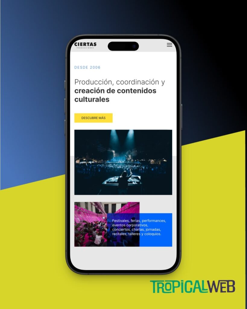 Mockup en formato móvil del sitio web de Ciertas Producciones